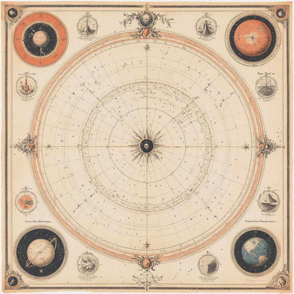 Moderní historická hvězdná mapa z 19. století s fotografickou přesností, vědeckými anotacemi a elegantními ilustracemi na kremovém papíře s terakotovými detaily