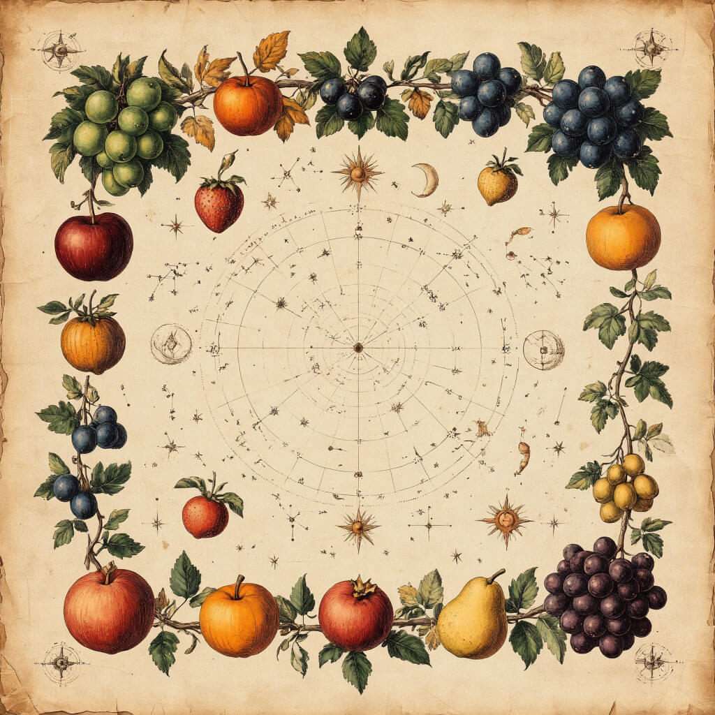 Vintage ilustrace letních a podzimních souhvězdí s plody úrody a astronomickými symboly na pergamenovém papíře, terakotové detaily pro červenec až září